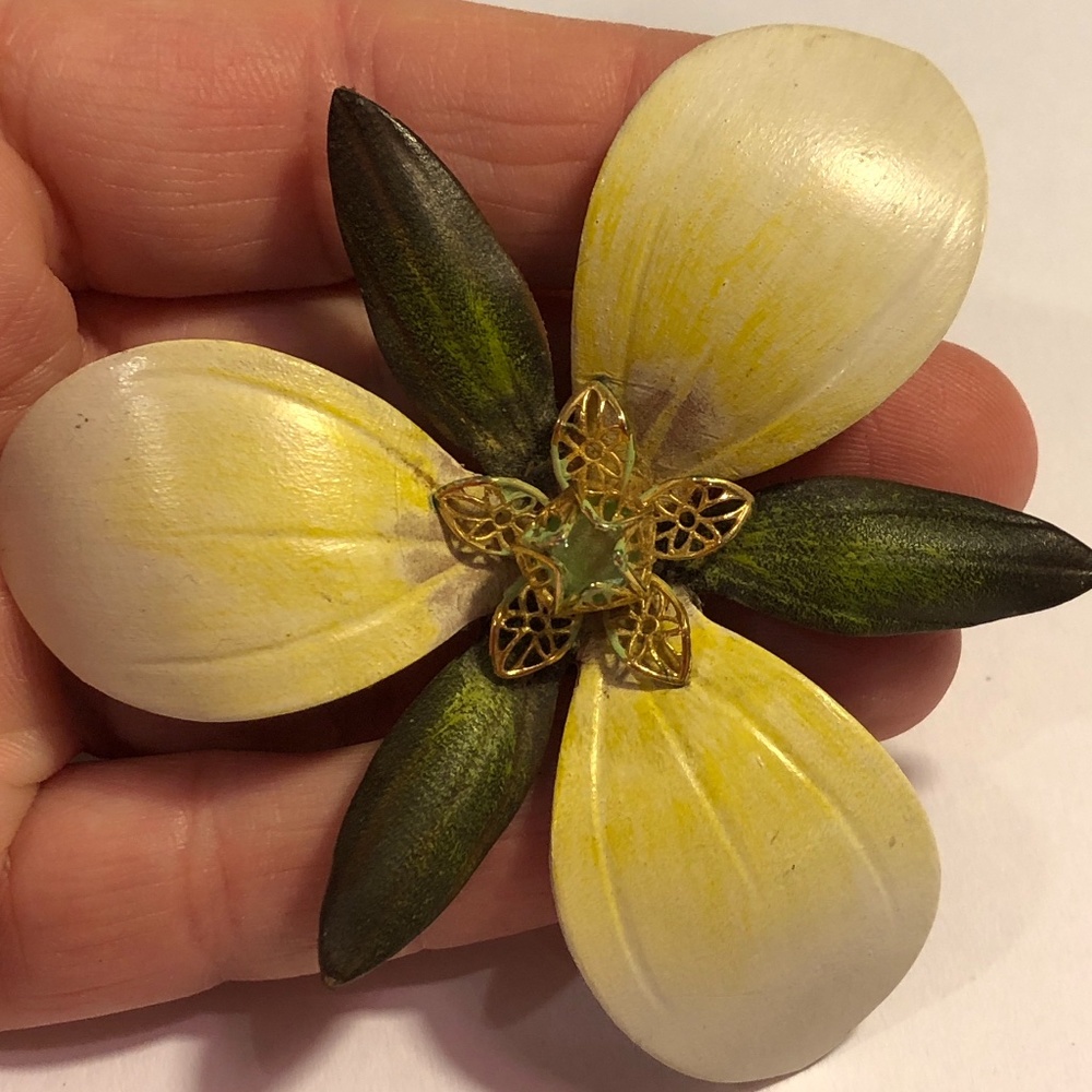 Vintage painted leather flower pin 1950s Easter